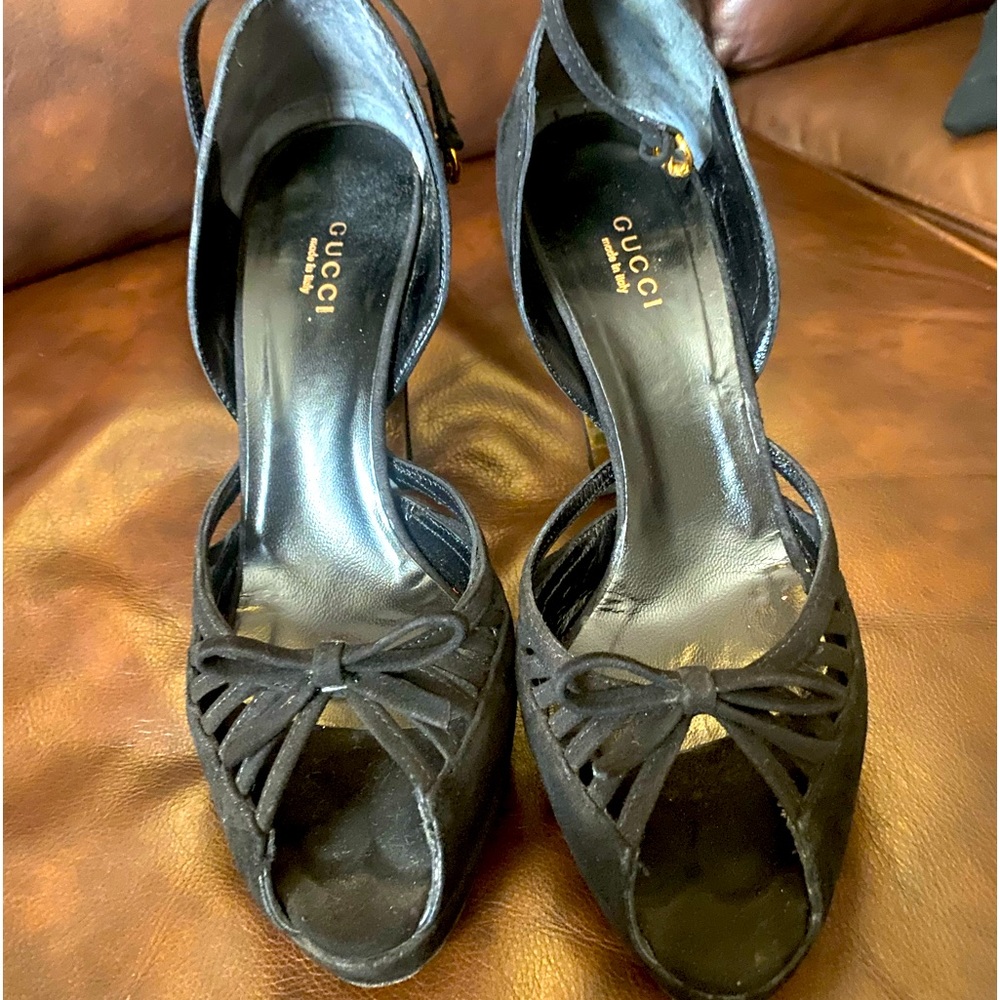 Gucci black suede cage bow open toe heels with box and bags